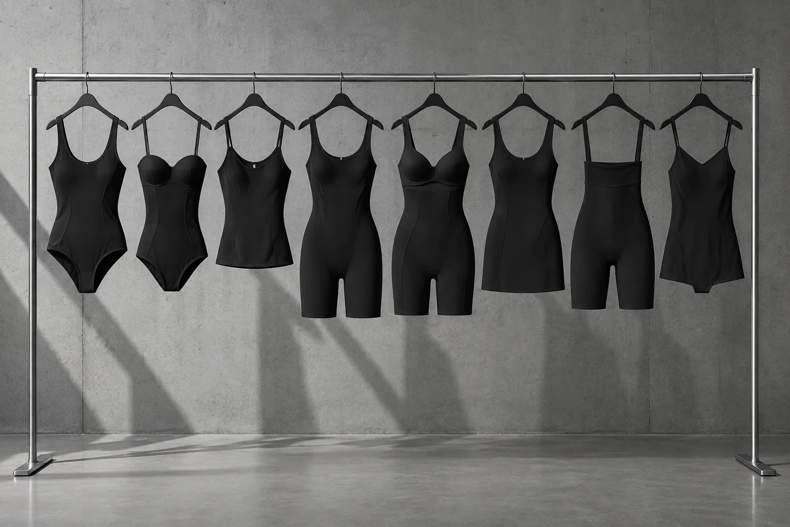Eine abgestimmte Reihe schwarzer Shapewear-Teile auf einer stählernen Musterstange.