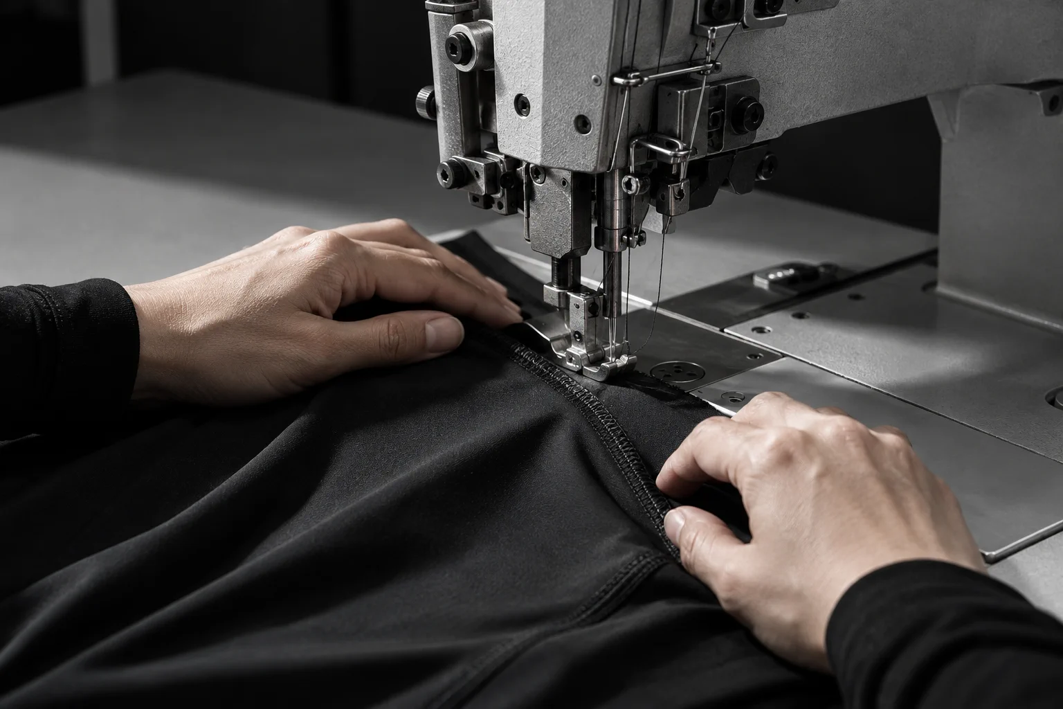 Hände führen schwarzen Kompressionsstoff durch eine Industrienähmaschine.